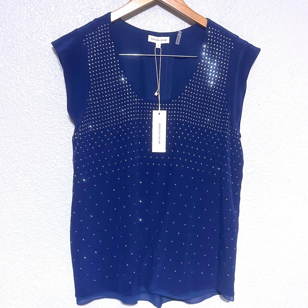Rebecca Taylor‎ Blue Studded 100% Silk Rhinestone Blouse Top Women's 8 NWT $325
